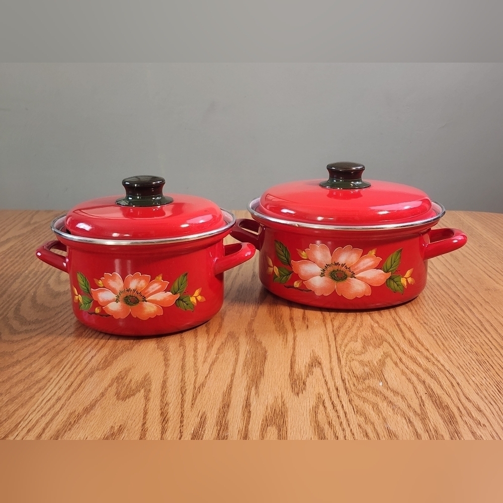 Vintage Enamel Lid Stock Pot Pan Red Double Handle Flowers Floral Flowers Metal